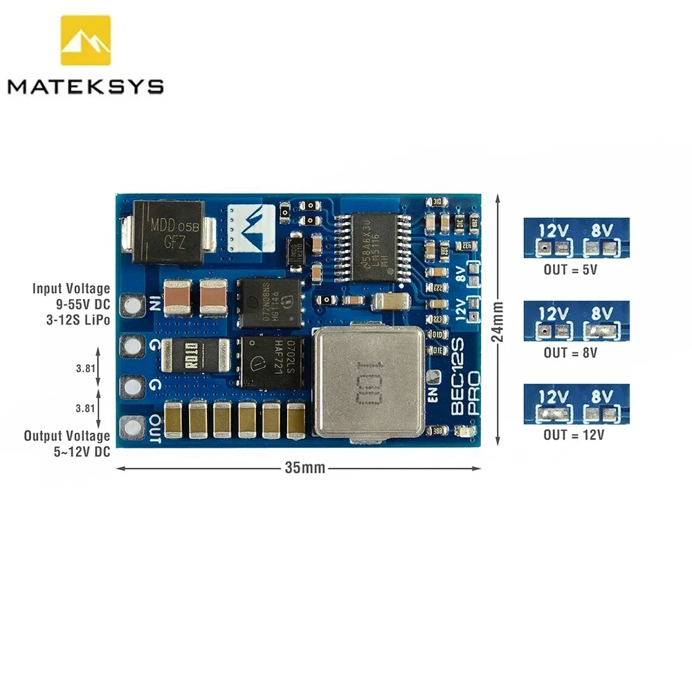 Module d'alimentation MATEKSYS BEC12S-PRO BEC |   9-55V à 5V/8V/12V (5A) |   Protection contre les surintensités (auto-récupération) pour drone RC FPV