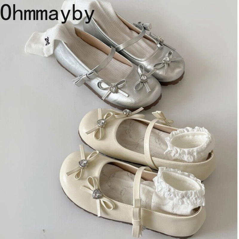 Zapatos Planos de Ballet Plateados con Cristales para Mujer, Cómodos, Punta Redonda, Diseño Mary Jane, Antideslizantes, de Cuero, para Primavera