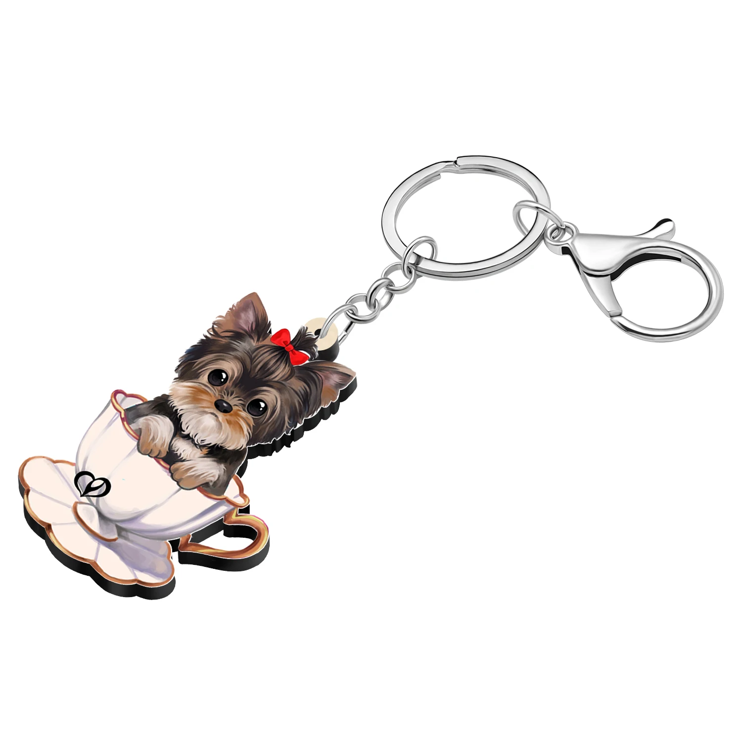 BONSNY Acrylic Cute Teacup Yorkshire Dog Puppy Purse Car Keychains Key Chain For Women Girls Kid Key Ring Gifts Accessories