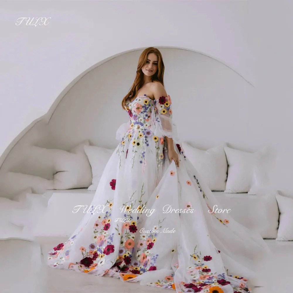 TULX Lace Flowers Embroidery Tulle Fabric Prom Dress Detachable Train vestidos de fiesta Strapless A-line Wedding Dress