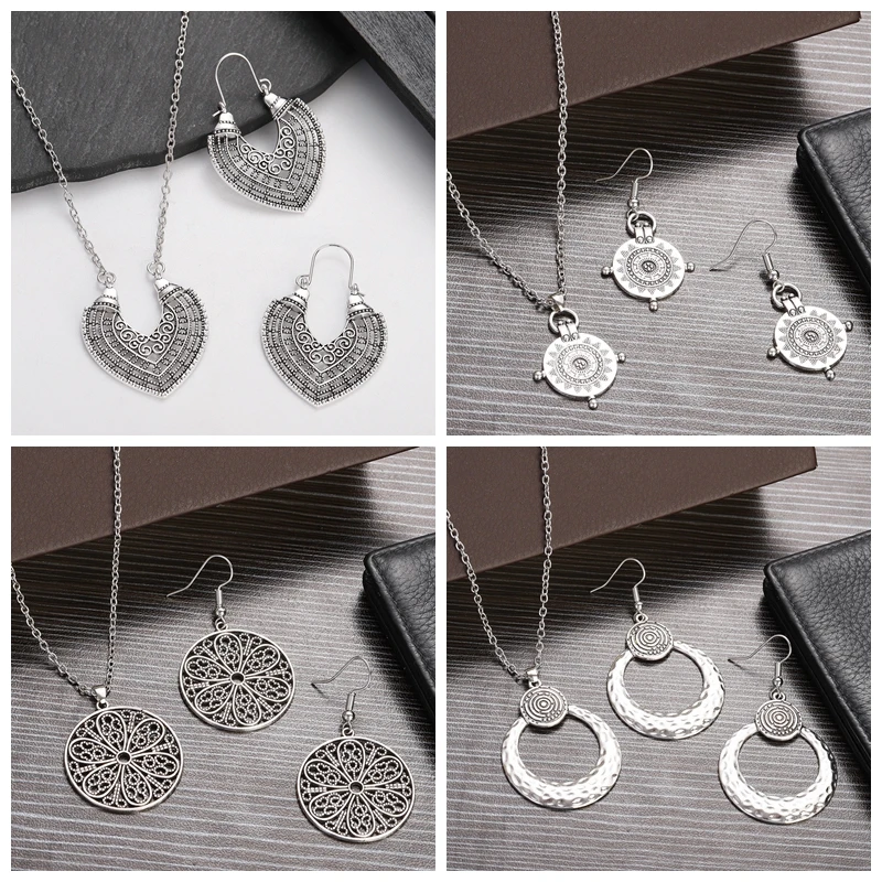 Ethnic Fashion Silver Color Heart Shape Jewelry Set Charm Round Flower Pendant Necklace Earring Set for Women Wedding Party