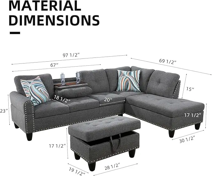 L Shaped Sectional Sofa with Ottoman, Nail-Head Design Linen Right Facing Modern Couches with Cup Holder for Living Room