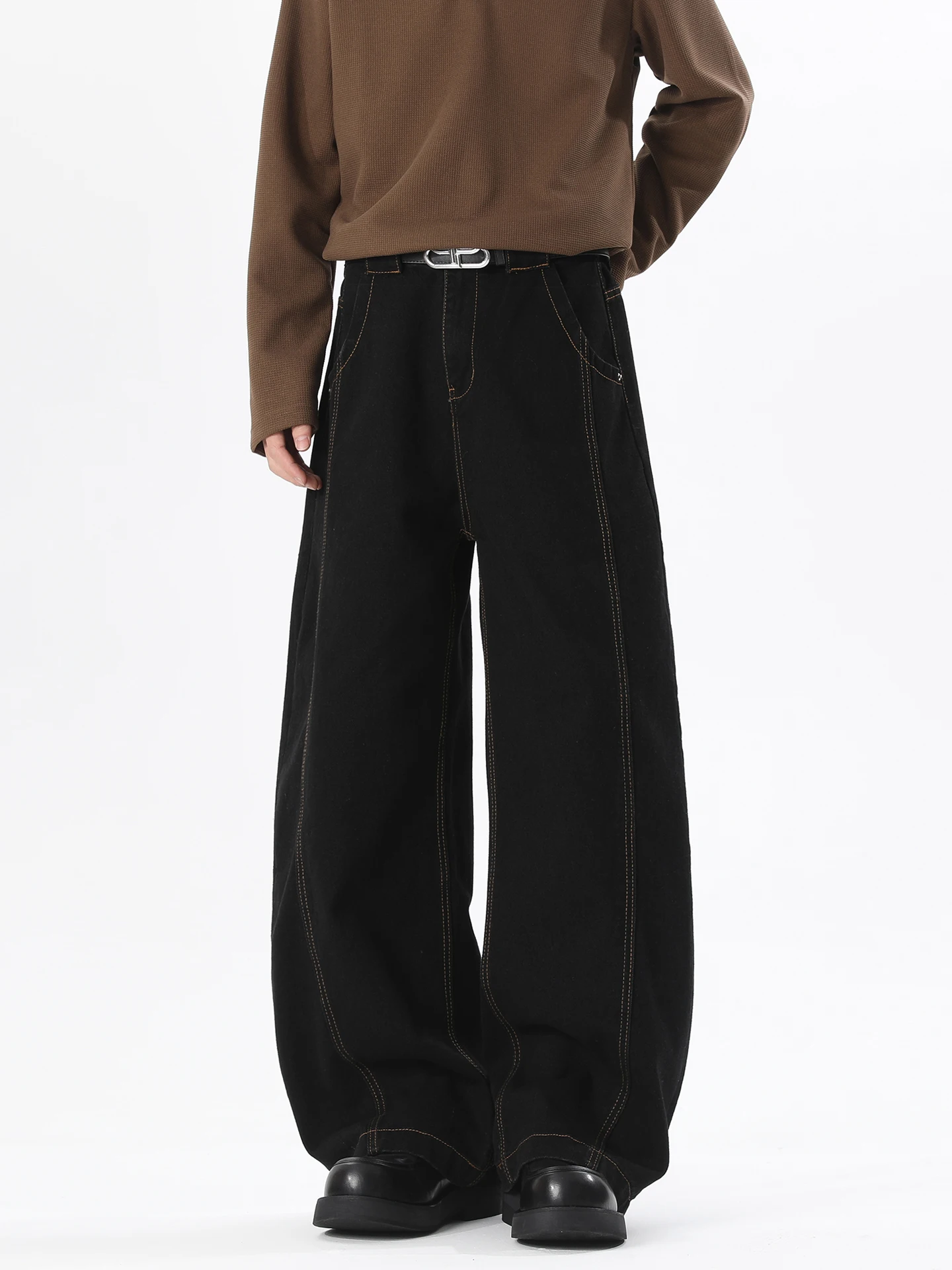 

Мужские черные джинсы из денима в стиле High Street, широкие брюки с эффектом потертости, ретро-американский стиль Cleanfit, осенне-зимний модный тренд