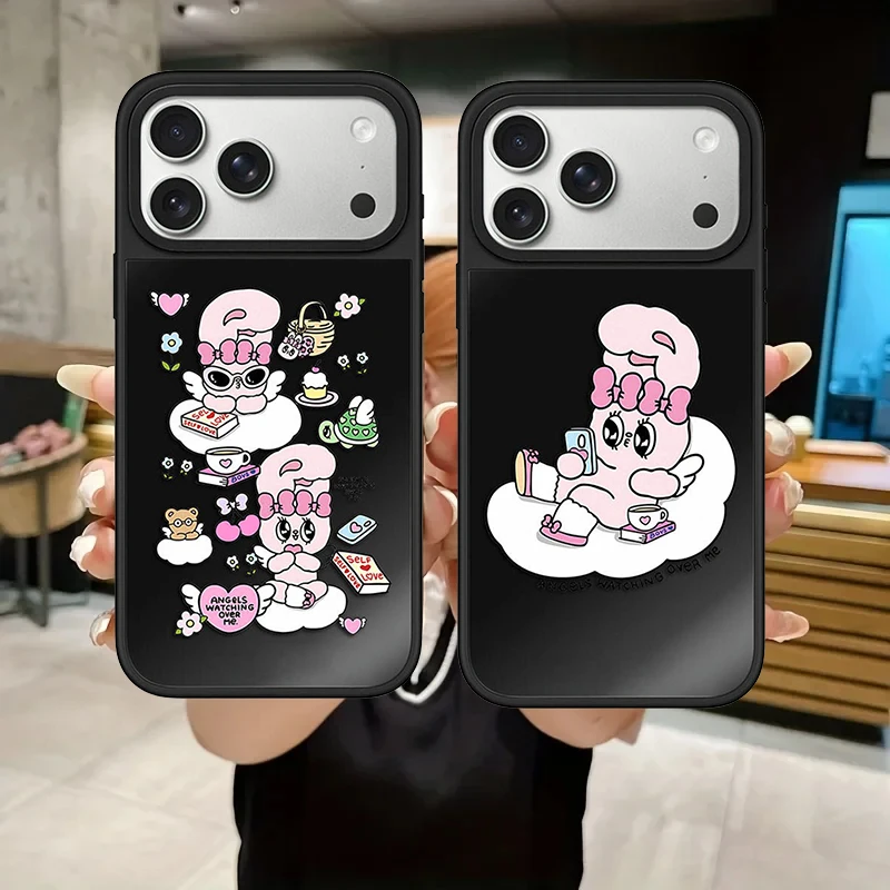 

Cartoon Angel Wing Rabbit Black Mirror Surface Magnetic Phone Case Cover for IPhone 13 14 15 16 17 Pro Max Case for IPhone 17Air