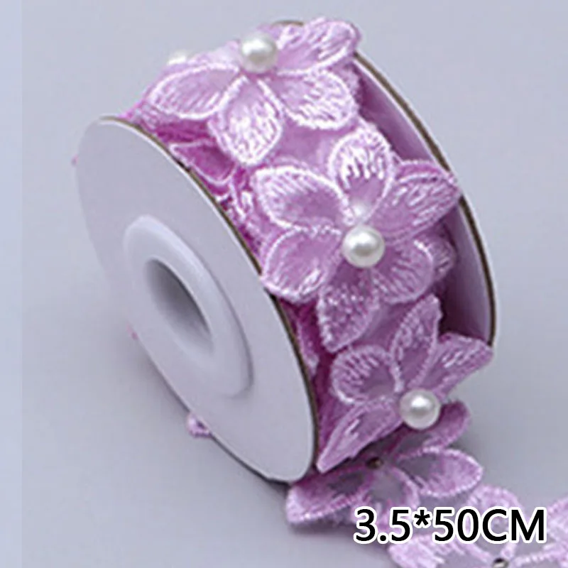 3.5x50cm Handmade Flower Pearl Beaded Ribbons Embroidered Flower Lace Ribbon Fabric For DIY Dress Clothing Sewing Accessories