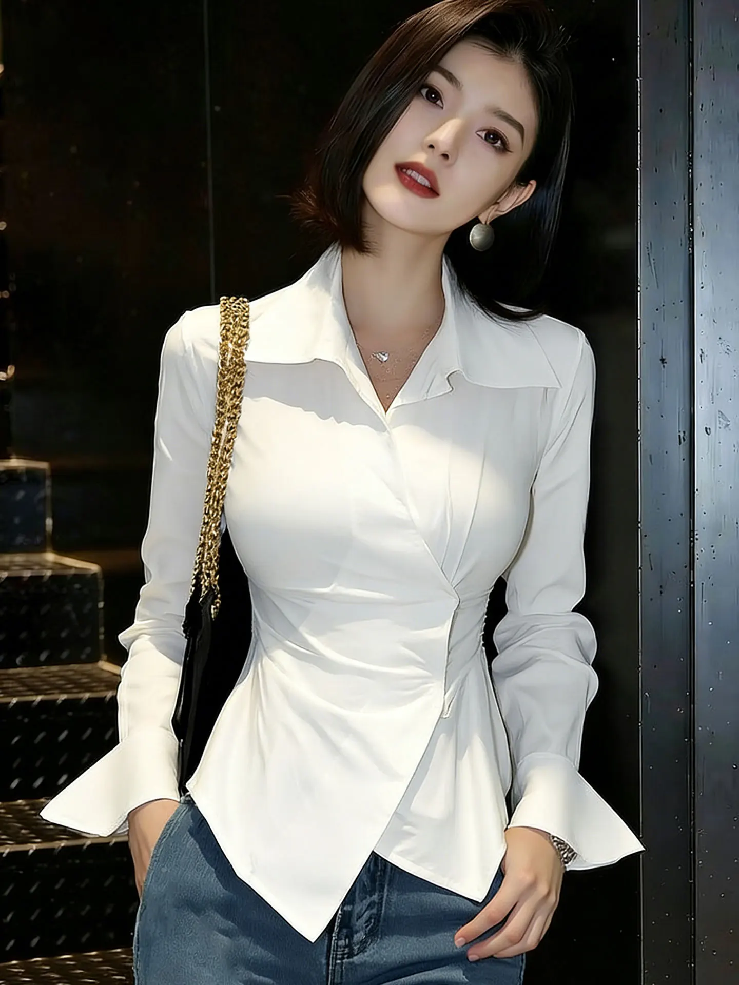 

Ele White Long Sve irt Women's Slim Fit Turn-down Collar Belted Design Korean Sle Silk Top Spring 2026 Faion