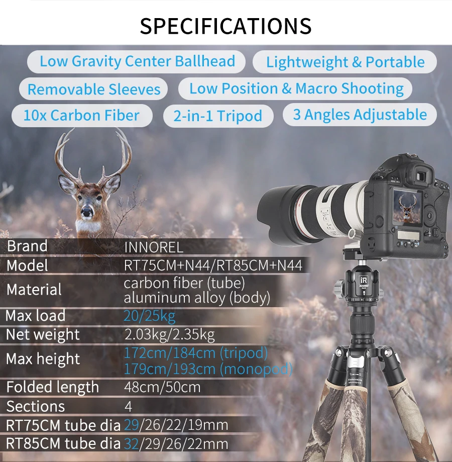 INNOREL RT75CM/RT85CM Professional Carbon Fiber Tripod Monopod for DSLR Camera Heavy Duty Stand Panoramic Low Gravity Ball Head