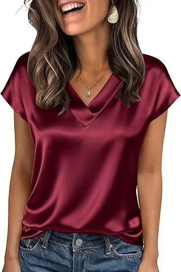 Cross-border new arrivals: EU/US 2026 Spring & Summer Solid Color V-Neck Short Sleeve Satin Fashion Casual Women's Wear