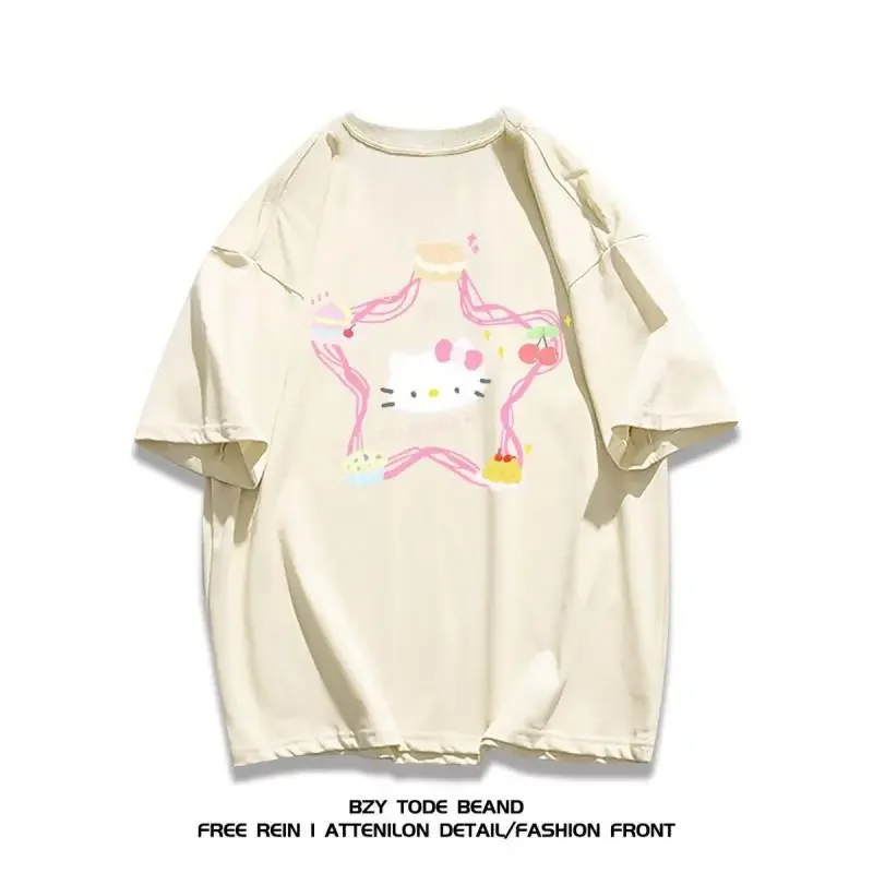 Miniso HelloKitty Suit Women Denim Suspender Pant Hollow Kitcat Star Printed ShortSleeve Cotton T-shirt Korean Leisure Clothes