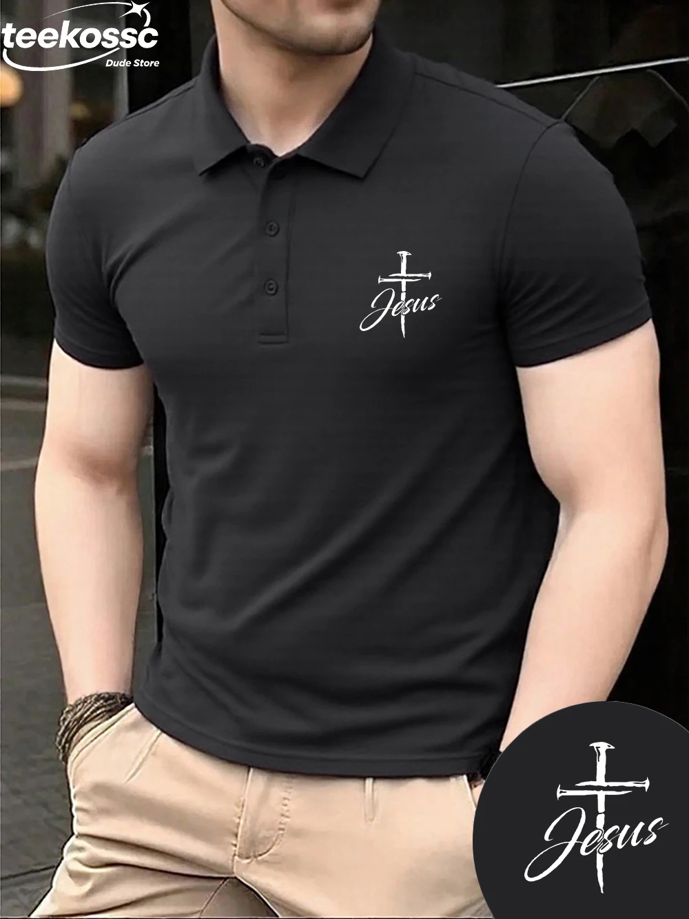 

The Cross And Jesus Prints Polo Shirt Mens Sporty Short Sleeve Tops Summer Breathable Lapel T-Shirts Casual Male New Workwear