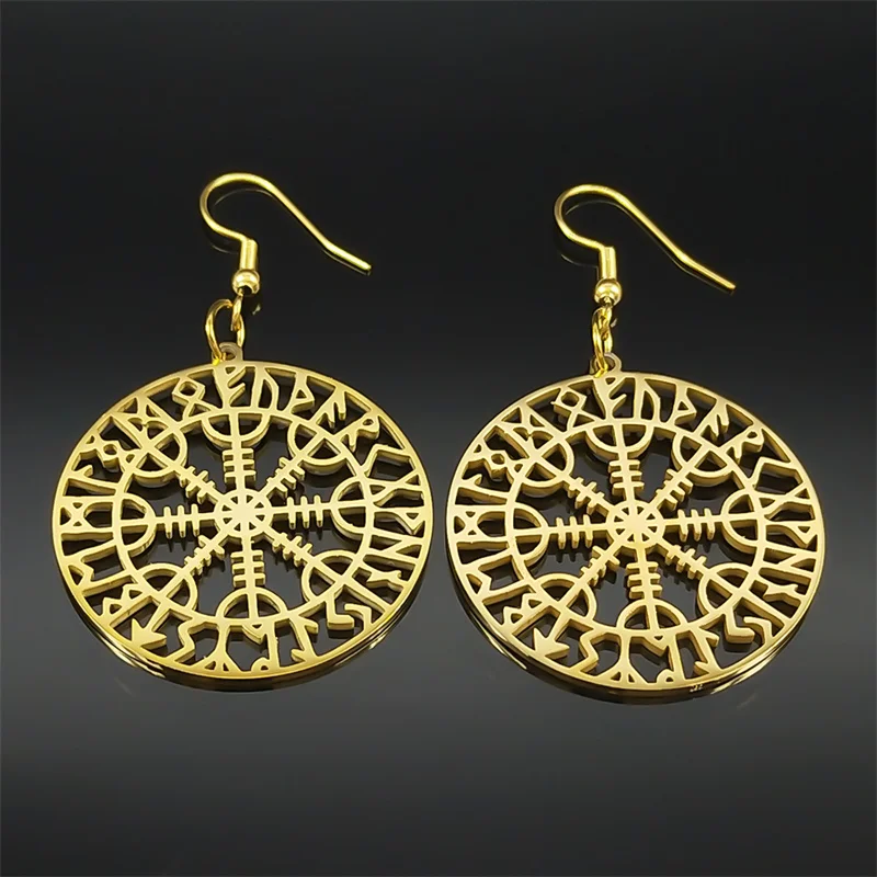 Norse Runes Viking Compass Earrings for Women Stainless Steel Gold Color Vegvisir Talisman Ear Hook Scandinavian Jewelry E7023S0