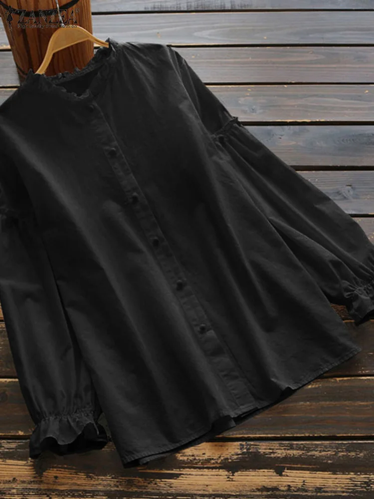 ZANZEA-camisa con volantes para mujer, blusa informal Vintage de manga larga, Tops de algodón, blusa lisa con botones, 2023