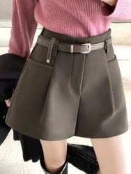 QOERLIN Fall Winter Women Boot Shorts with Belt Elegant Office Ladies Shorts Wide Leg A-Line Black Coffee 2024 Korean Fashion