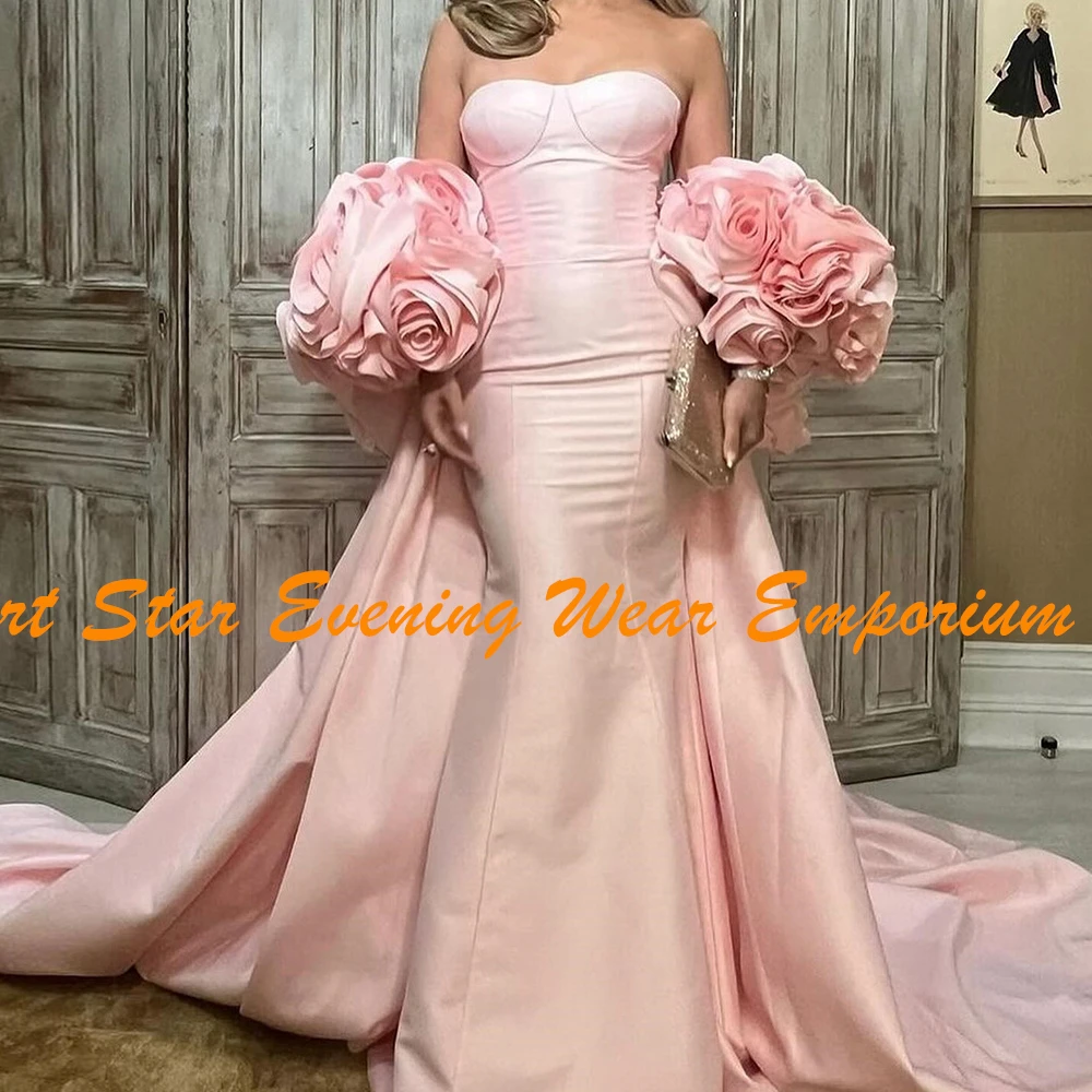 Mermaid Sweetheart Off the Shoulder Satin Half Sleeves Panel Train Luxury and Modern Evening Dresses Flowers Pleats Zipper Back