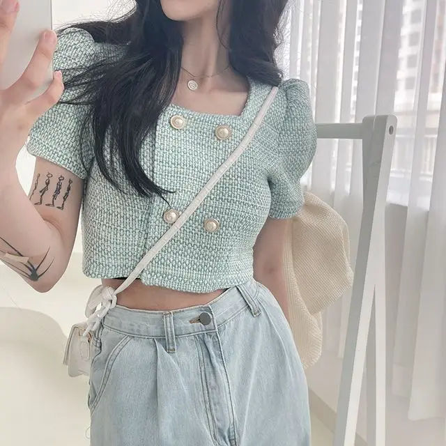 Square Chic Pearl Double Breasted Plaid Jacket Tweed Crop Tops Bubble Short Sleeve Shirts Summer Jaquetas Suits Ropa Mujer