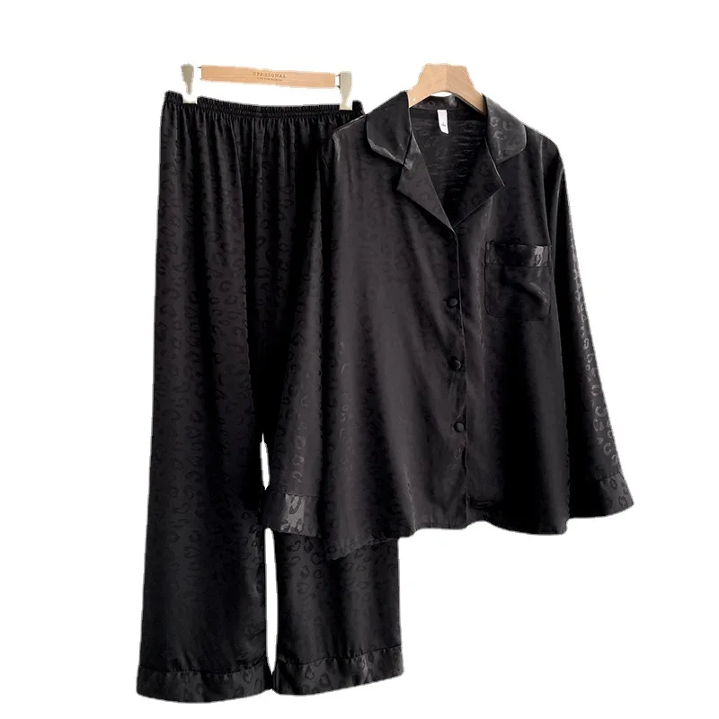 Pajamas Pour Femme Black Leopard Pyjamas 2Pcs Sleepwear Long Sleeve Shirt&pants Women\'s Home Clothes Silk Satin Loungewear