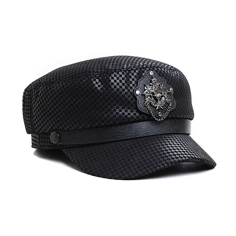 High Quality Real Leather Unisex Military Hat Winter Warm Outdoor Hat Elegant Man Cap British Vintage Print Sheep Leather Hat