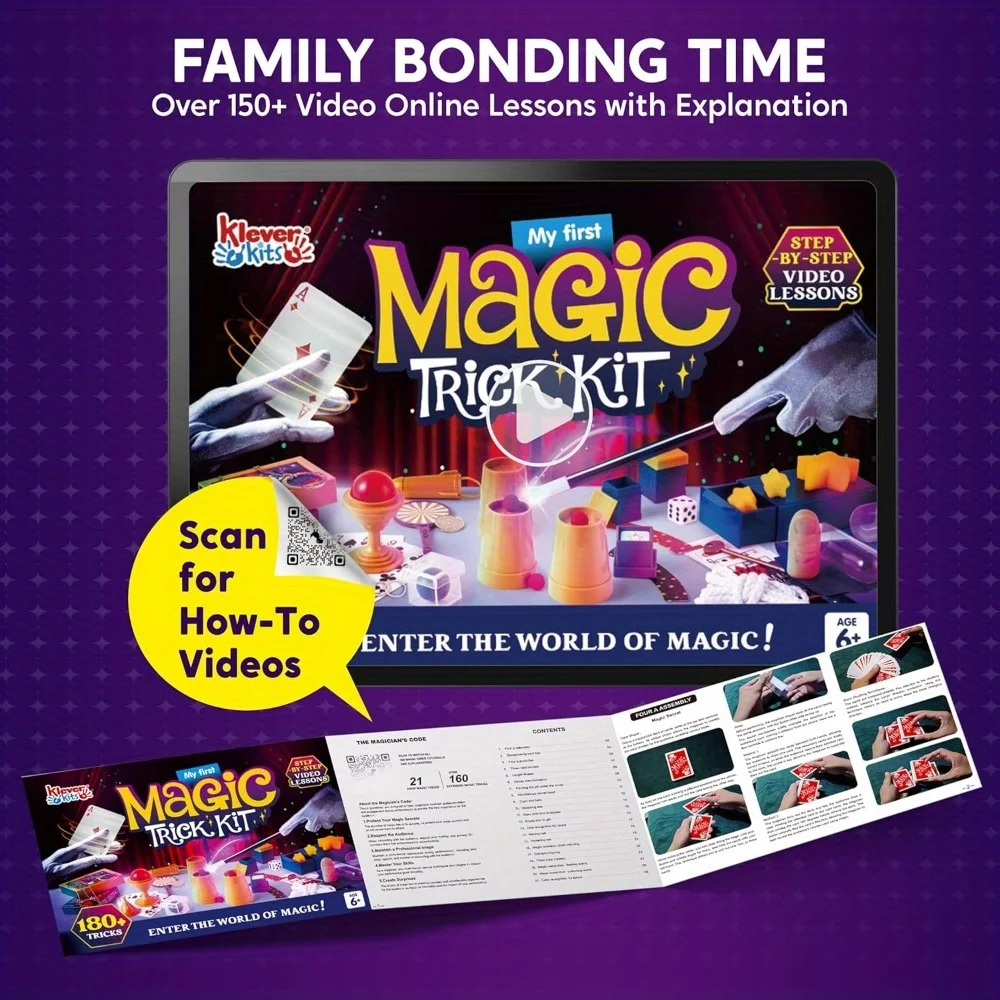 Joyfy 180 + conjunto de mágica infantil, kit de truques de mágica, incrível brinquedo mágico com aulas de vídeo passo a passo para crianças, truques fáceis