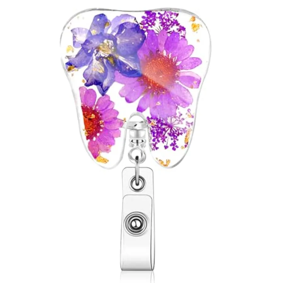 Dental Tooth Badge Reel Holders with Dried Flower, Cute Floral Retractable ID Badge Holder Gifts, Resin Badge Reel Clip for Nur