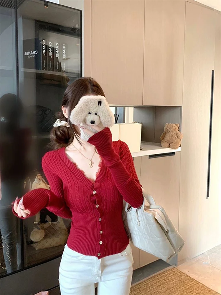 

Красный вязаный свитер, женский облегающий свитер с завязками на талии, топ премиум-класса, корейский топ, средний размер, длинный све