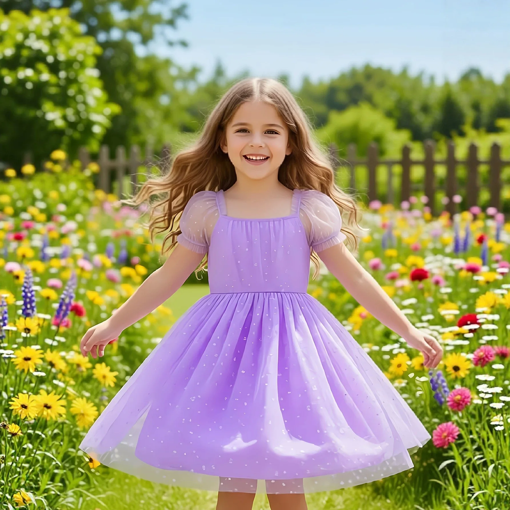 Vestido Infantil com Manga Bufante 2026: Nova Coleção Primavera, Vestido de Bebê Doce, Fofo e Elegante, Vestido de Princesa em Tule para Crianças e Bebês