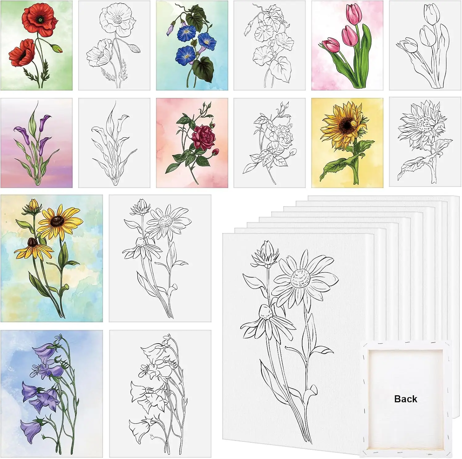 

8 Pack 8x10 Inches Pre Drawn Canvas for Painting, Pre-Printed Canvas for Sip and Paint Party Favor, Pre Sketched Canvases for
