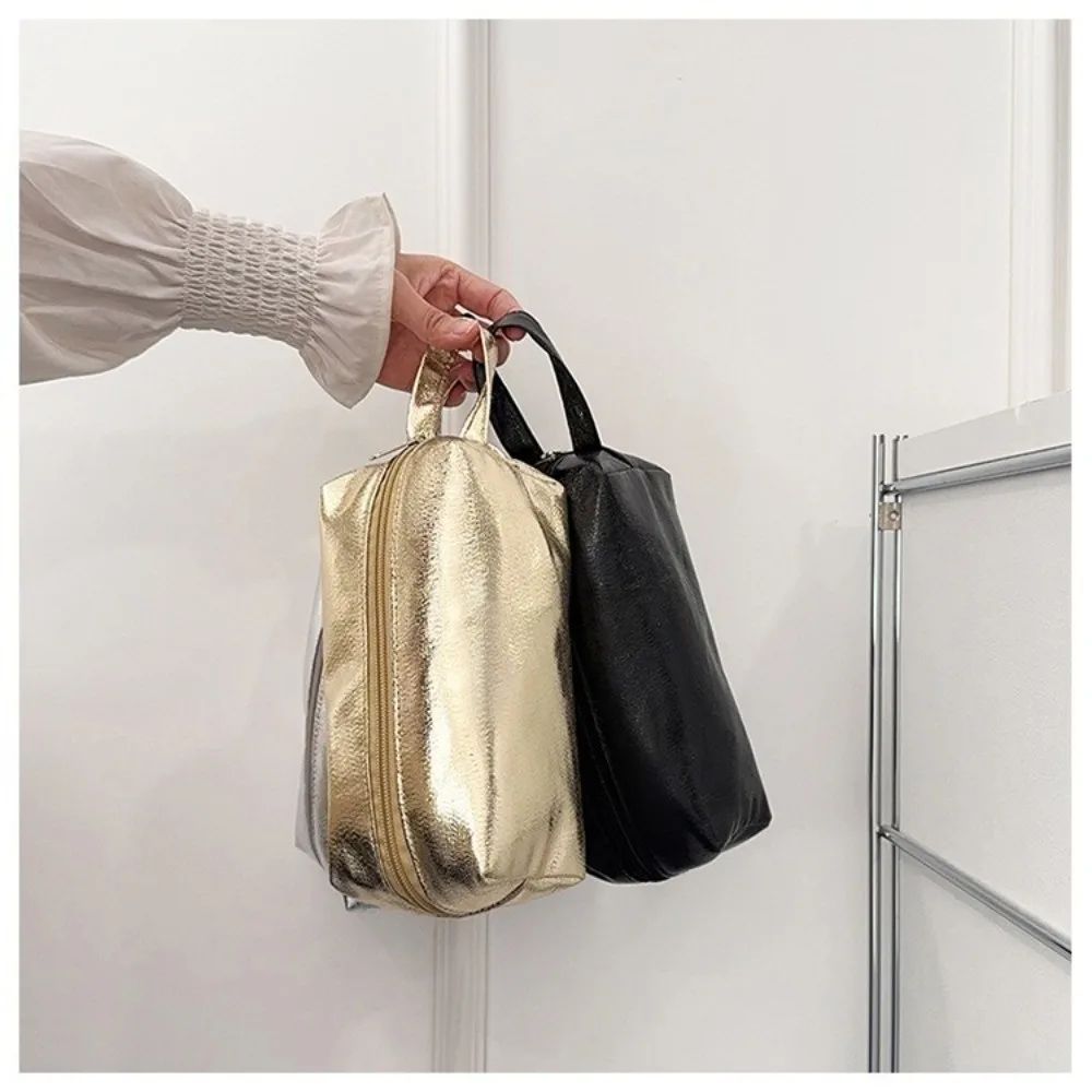 Portable Shiny Makeup Bag Large Capacity Handheld Cosmetic Bag Solid Color Multi-Purpose Pencil Case Women