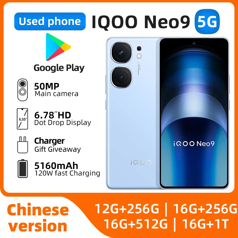 iQOO Neo9 5g 6.78inch SmartPhone 144HZ Screen 50MP+16MP Camera 5160mAh 120w Charge Original Android Used Phone