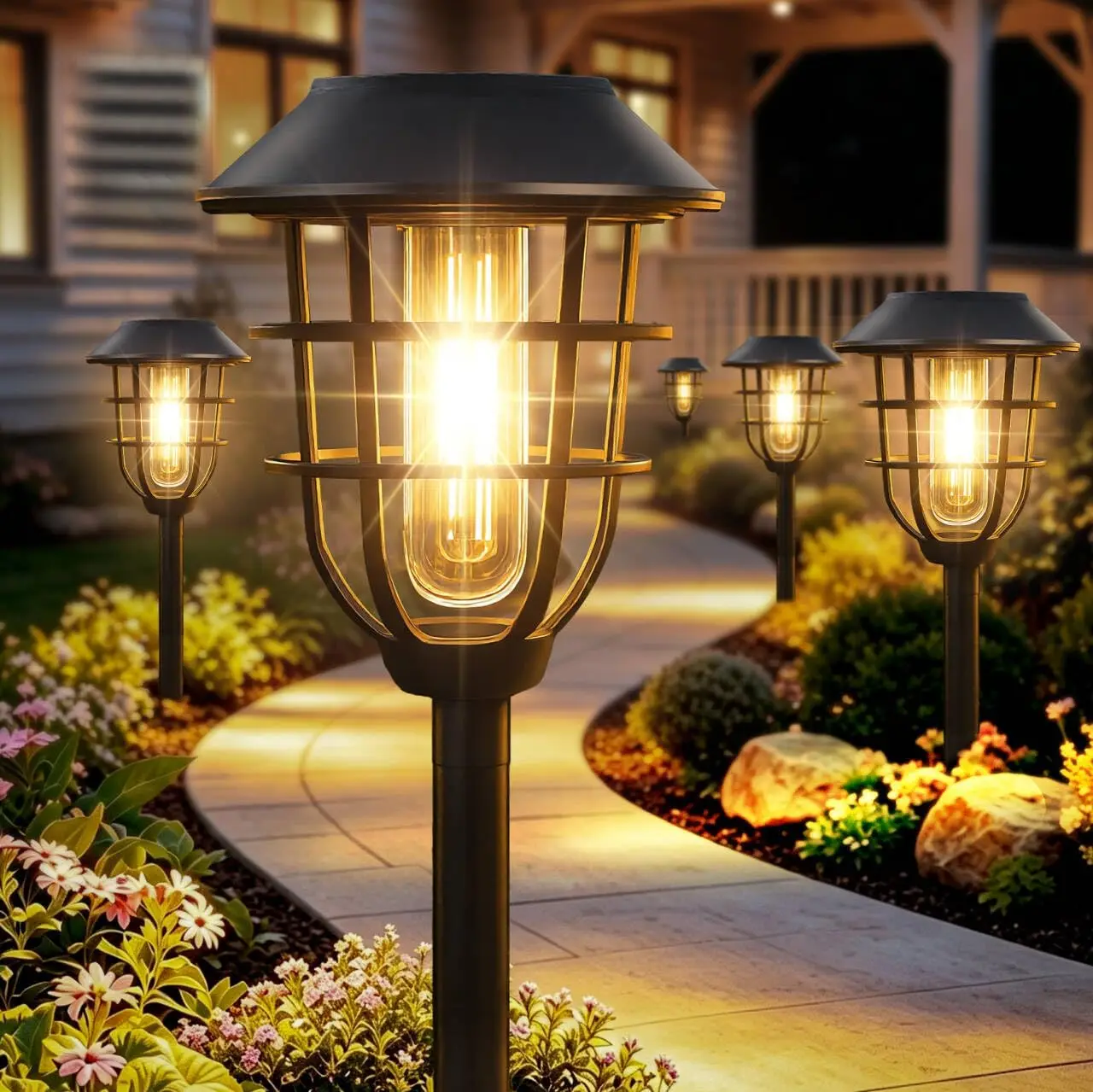 Metal Solar Pathway Lights Outdoor IP65 Waterproof 6 Pack Solar Garden Lights with Auto On Off for Yard, Patio, Walkway, Driveway and Landscape Decoration,Warm White