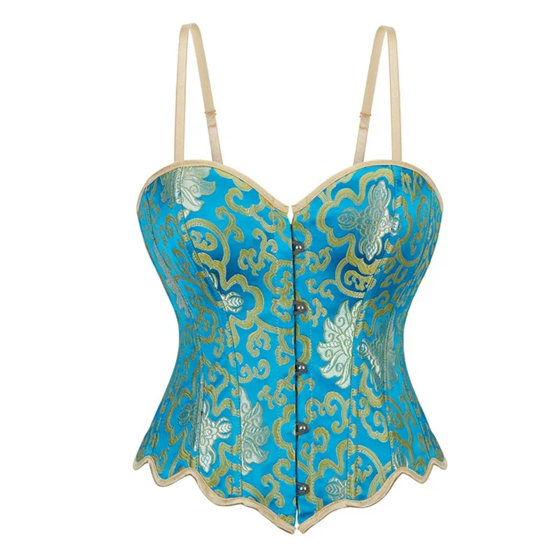 Women Spaghetti Strap Corset Crop Top Gothic Victorian Blue Lace-up Boned Bustier Vest Shapewear Slimming Waist Shaping Korset