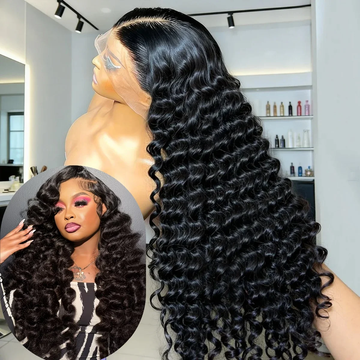 Perruque Deep Wave en cheveux humains, dentelle HD 13x6, bouclée birmane, pré-épilée, sans colle, po