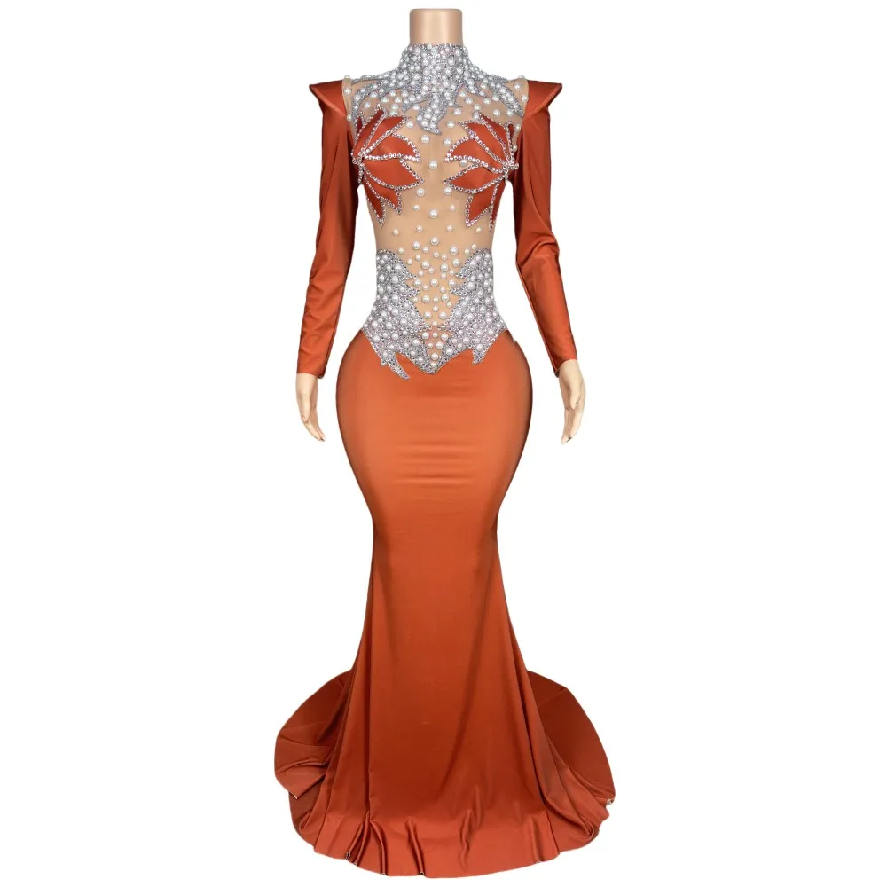 

Orange Pearl Rhinestones Mermaid Long Dress Fashion Birthday Prom Evening Celebrate Floor Length Gown Singer Host Model Costume