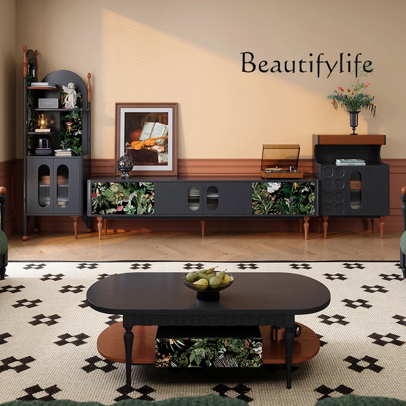 

French retro small apartment simple audio-visual cabinet living room wall solid wood TV cabinet