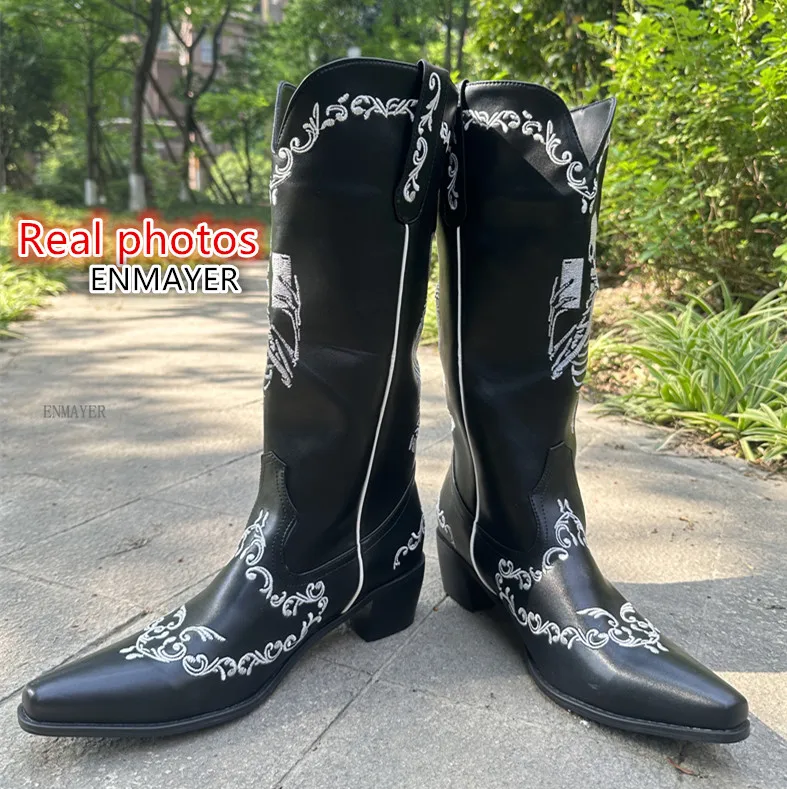 Women Skull Skeleton Selfie Cowboy Western Mid Calf Boots Pointed Toe Slip-On Stacked Heel Goth Punk Autumn Shoes Brand Designer