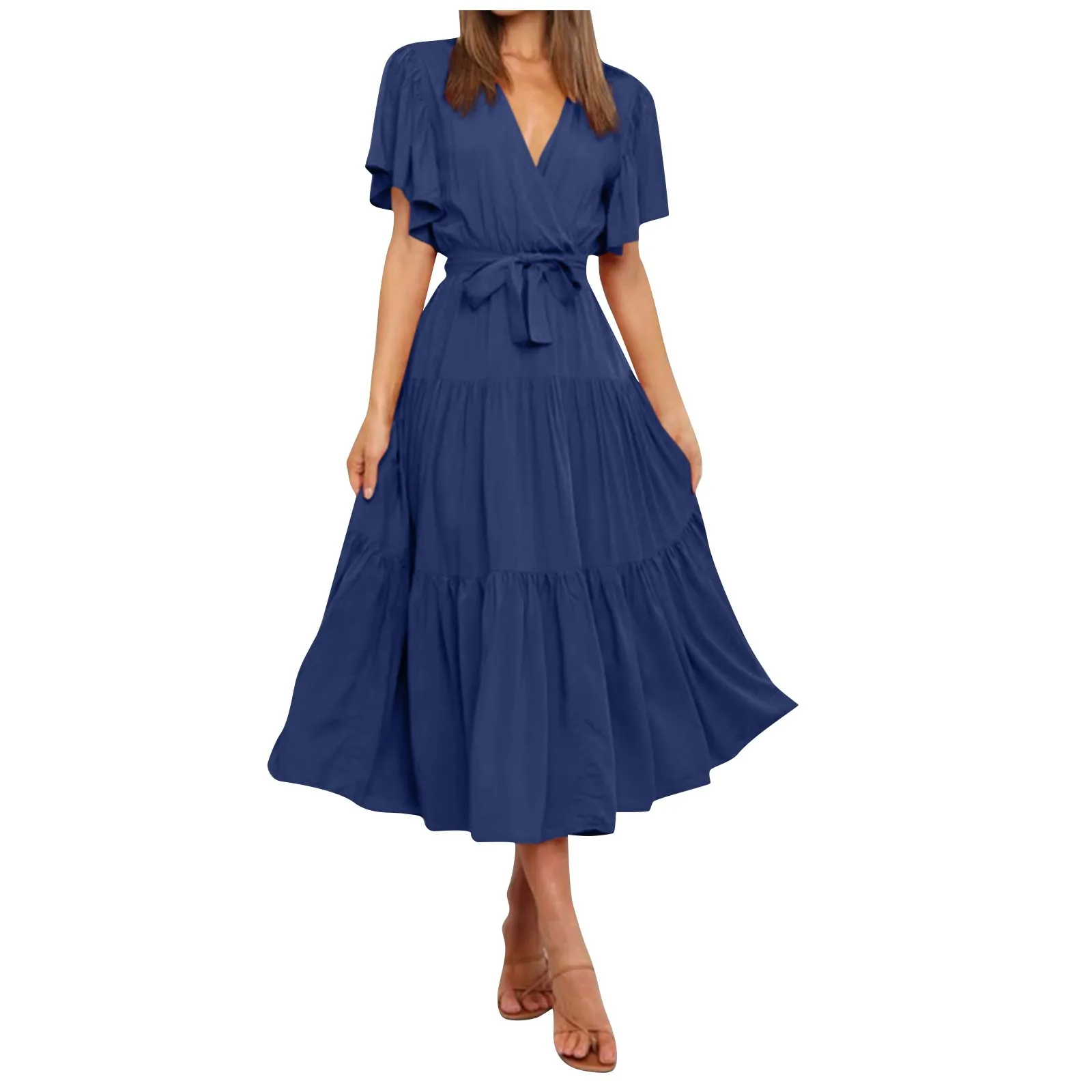 

Fashion Vintage Dress Solid Color Short Sleeve V Neck High Waist Midi Dress Red Blue Purple Summer Dresses For Women