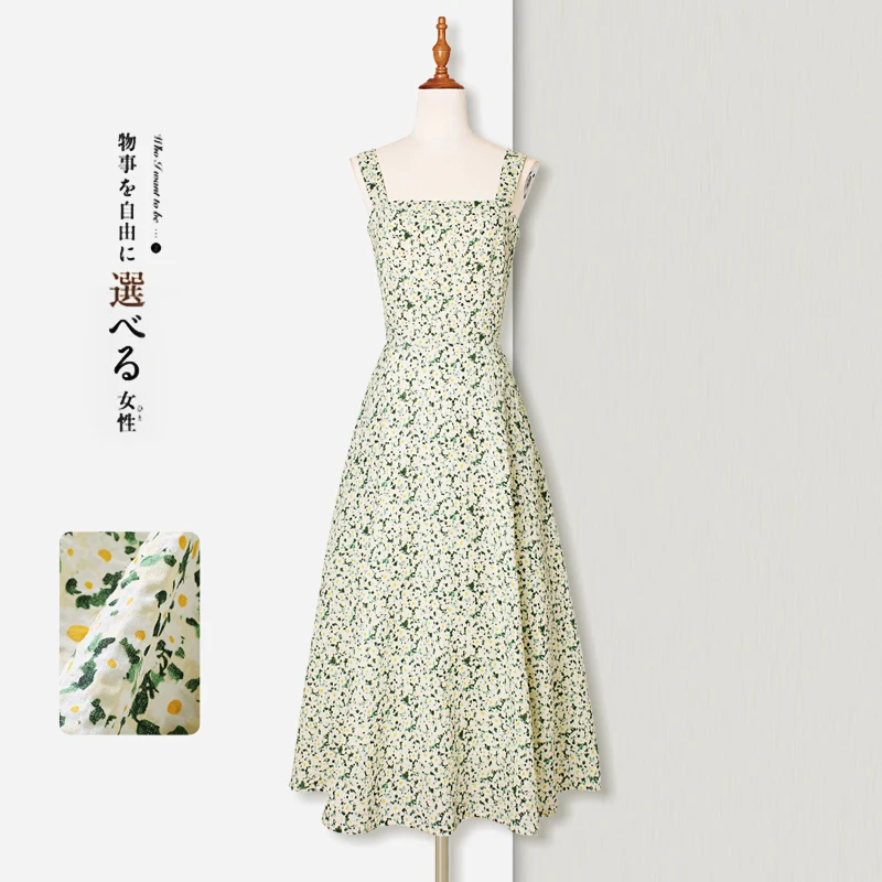 French Vacation Style Floral Dress Square Collar Flying Sleeves High Waist Slim Fit A-line Sweet Elegant Casual Beach Long Dress