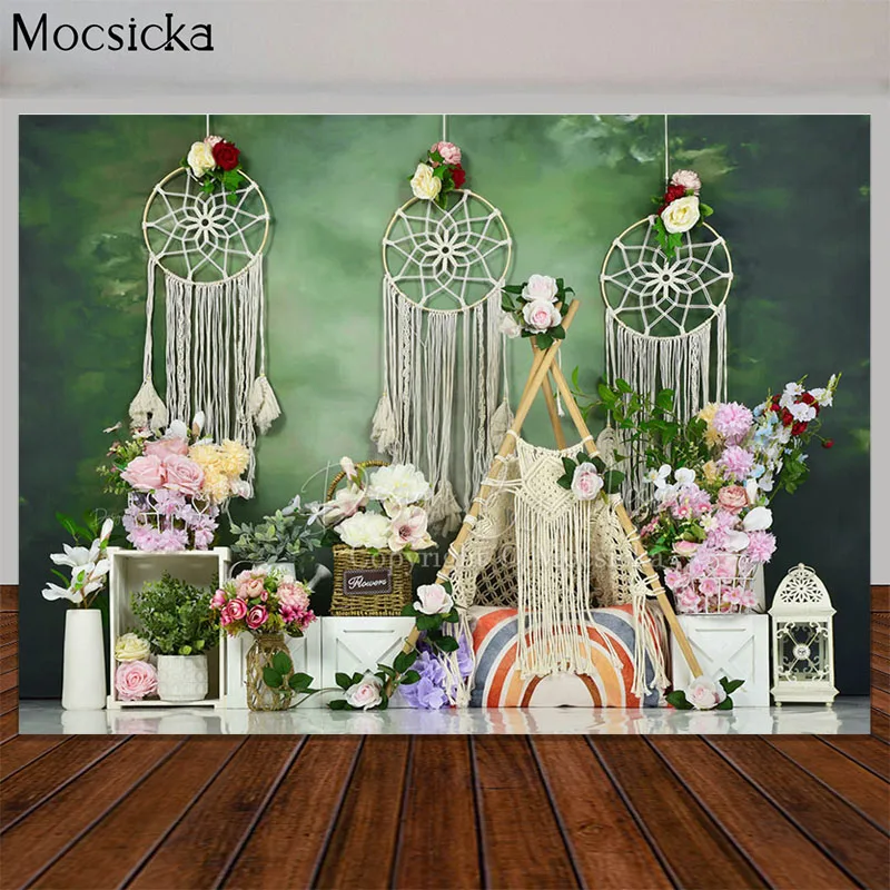 Vintage Green Boho Wonder Wall Backdrop Cake Smash Birthday Photography Background Flowers Tent Props for photography Backdrops