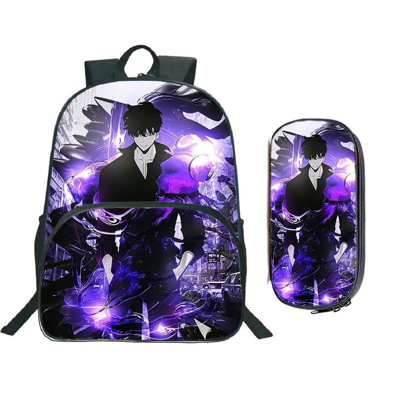 2PC-SET Solo Leveling Schoolbag with Front Pocket Pencil Bags Student Solo Leveling Backpack Boys Girls Anime School Bag Mochila