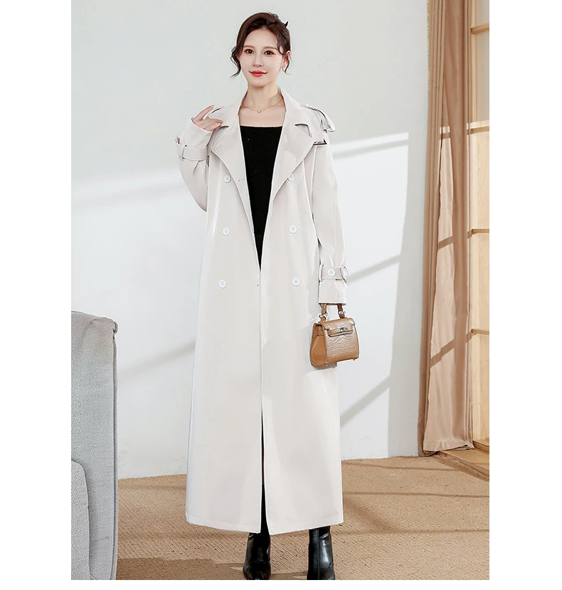 Lautaro Spring Autumn Extra Long Oversized Cool Reflective Shiny Black Patent Leather Trench Coat for Women Belt Runway Fashion