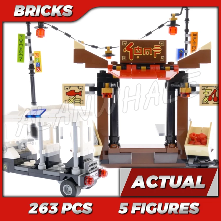263 piezas Shinobi City Chase Shark Army Street Food Stall Postes de luz Cadena de faroles 10714 Kits de construcción de juguete Compatible con bloques de construcción