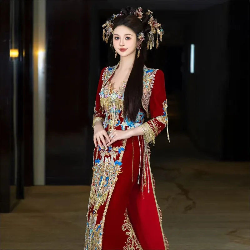 Heavy industry luxury velvet Chinese-style contrasting color wedding dress and toasting costume
