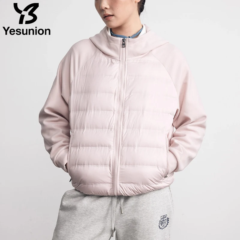 

YESUNION Women's Fashionable Hooded down Jacket Knitted Patchwork Goose 90 down Jacket Coat Unisex Warmth Versatile Casual Top