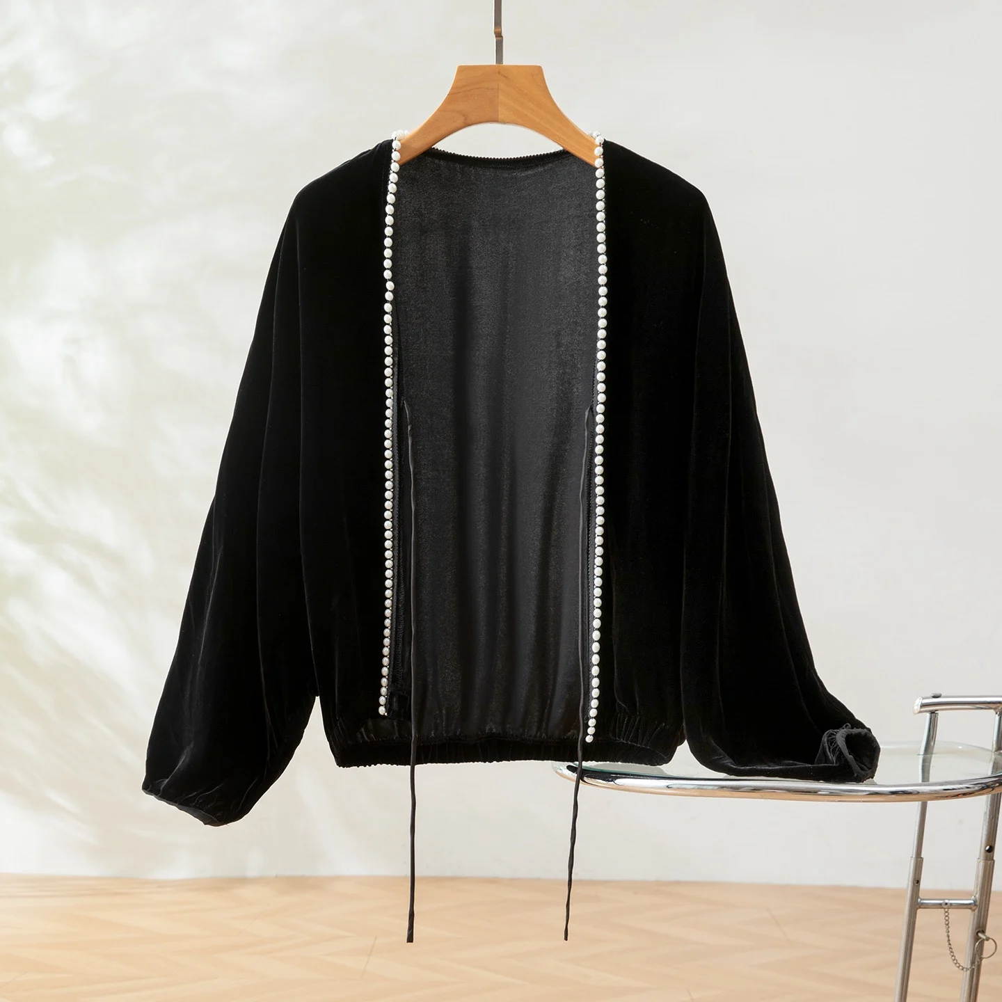 Winsleter-bas 100% manteau en velours élégant en soie véritable, manches chauve-souris perles, manteau ample de tempérament pour femmes, automne 2025 C5O878CC