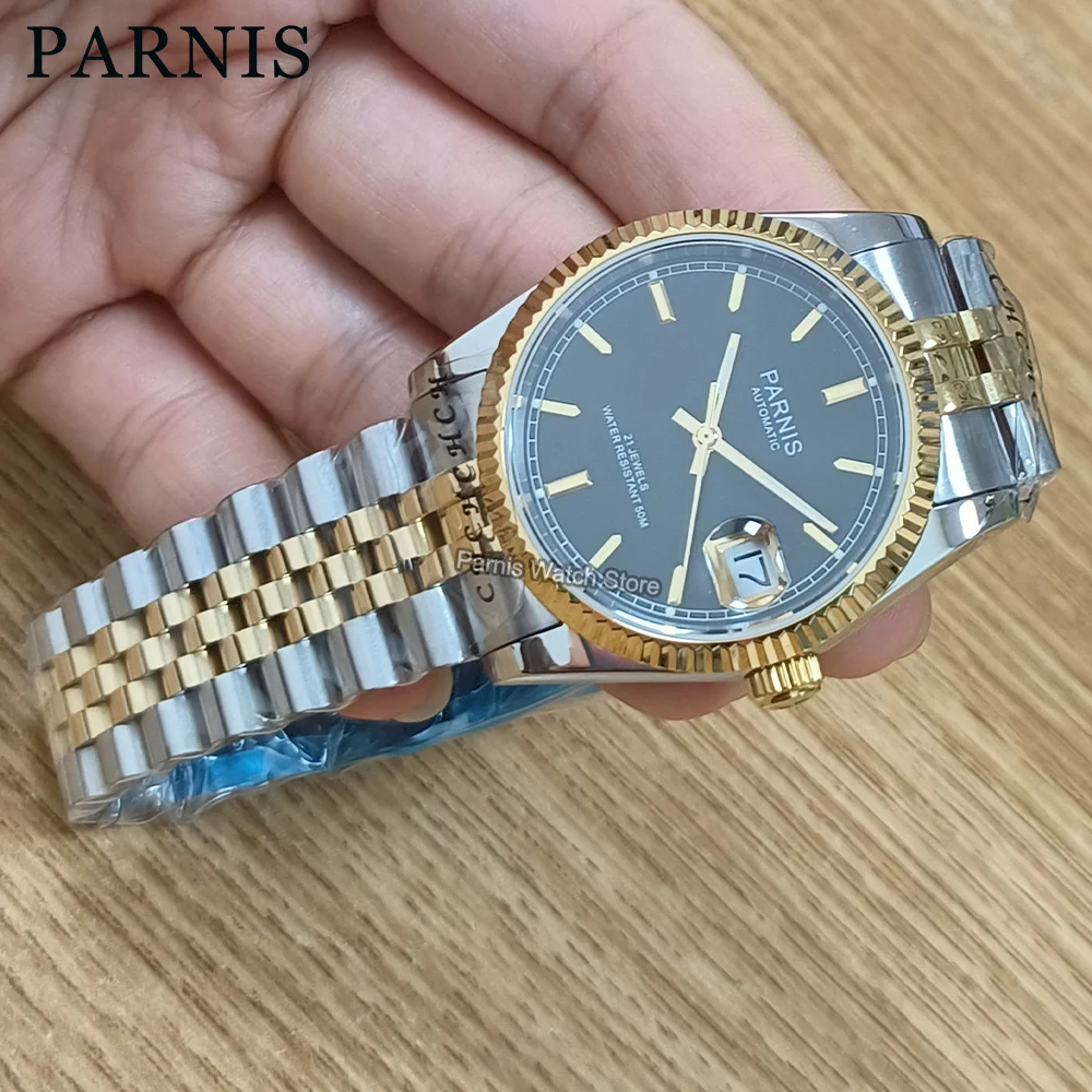 Parnis 36mm Silver Gold Men Watch Automatic Movement Men Stainless Steel Bracelet Mechanical Watches