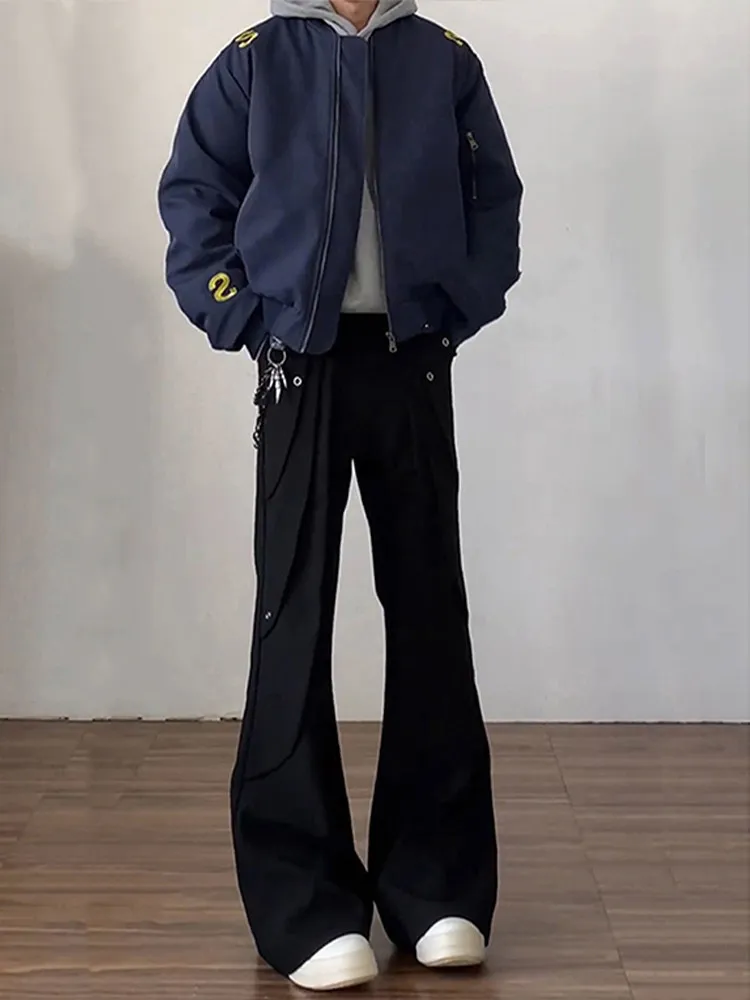 American High Street Cleanfit Black High Waist Men's Pants Unique Design Deconstructed Split Floor-Length Bell Bottoms