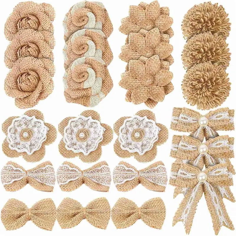 Fleurs en toile de jute vintage faites à la main, matériaux en lin, décoration florale pour mariage, Noël, DIY (AB47-48 pièces)
