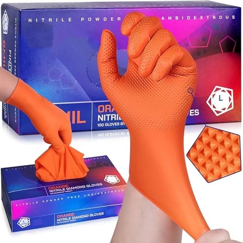 8mil قفازات النتريل الثقيلة القابل للتصرف البرتقال الصناعية الماس محكم قفازات العمل للرجال البستنة ميكانيكي السيارات