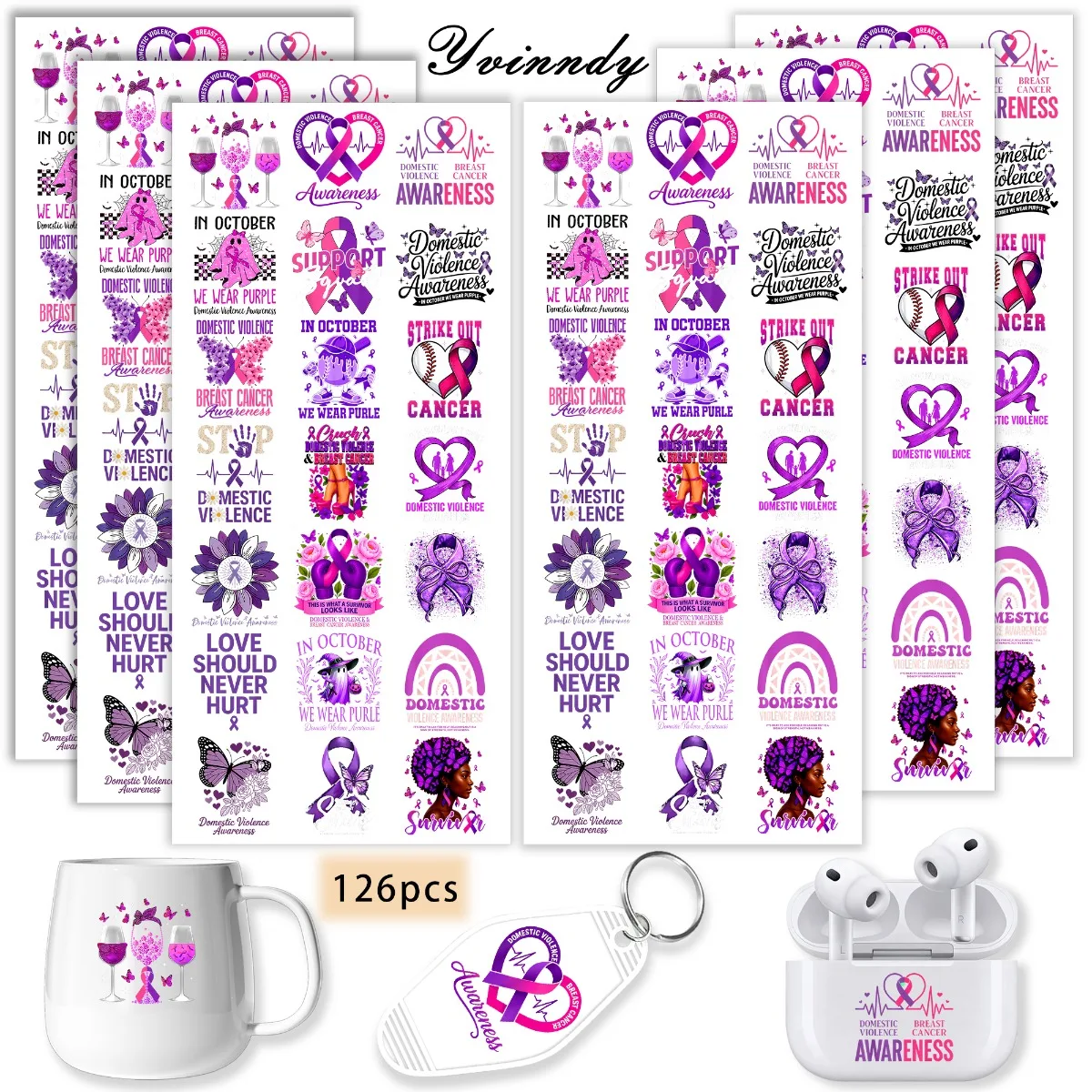 

UV DTF Transfer Stickers 126 Pieces Of Breast Cancer Awareness Colorful UV DTF Transfer Stickers Suitable For Keychains