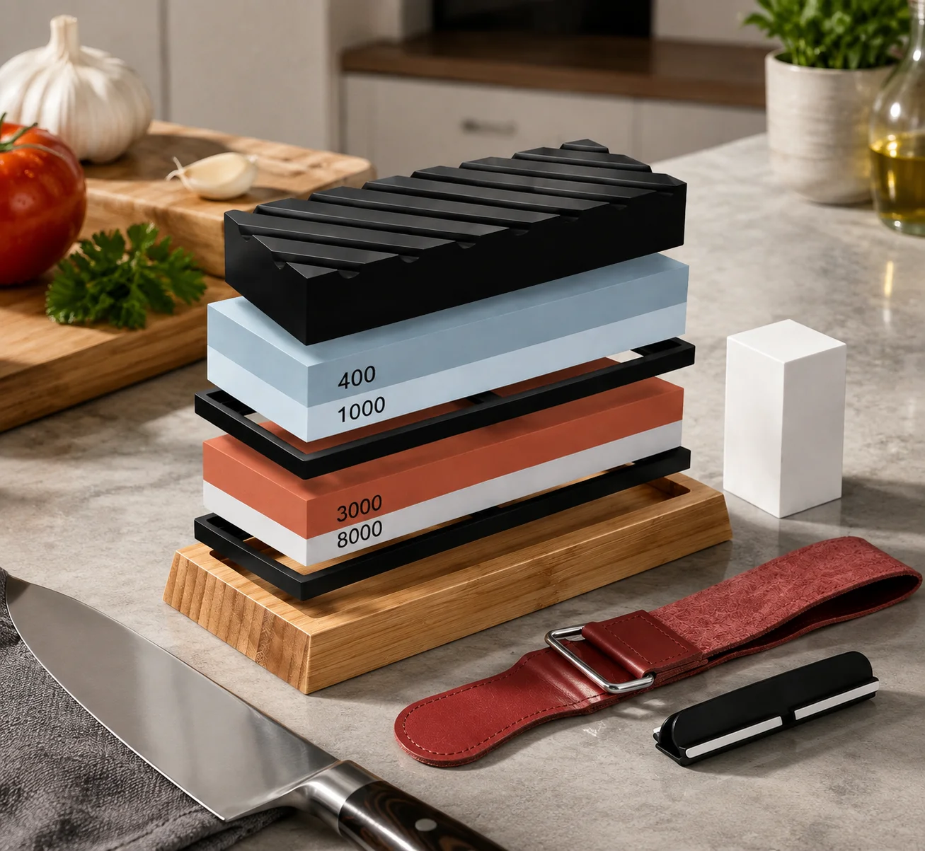 Professional Whetstone Knife Sharpening Stone Kit Dual‑Side 400/1000 & 3000/8000 Grit Water Sharpening Stone with Bamboo Base, Angle Guide, Flattening Block and Leather Honing Strop for All Kinds of Kitchen Knives