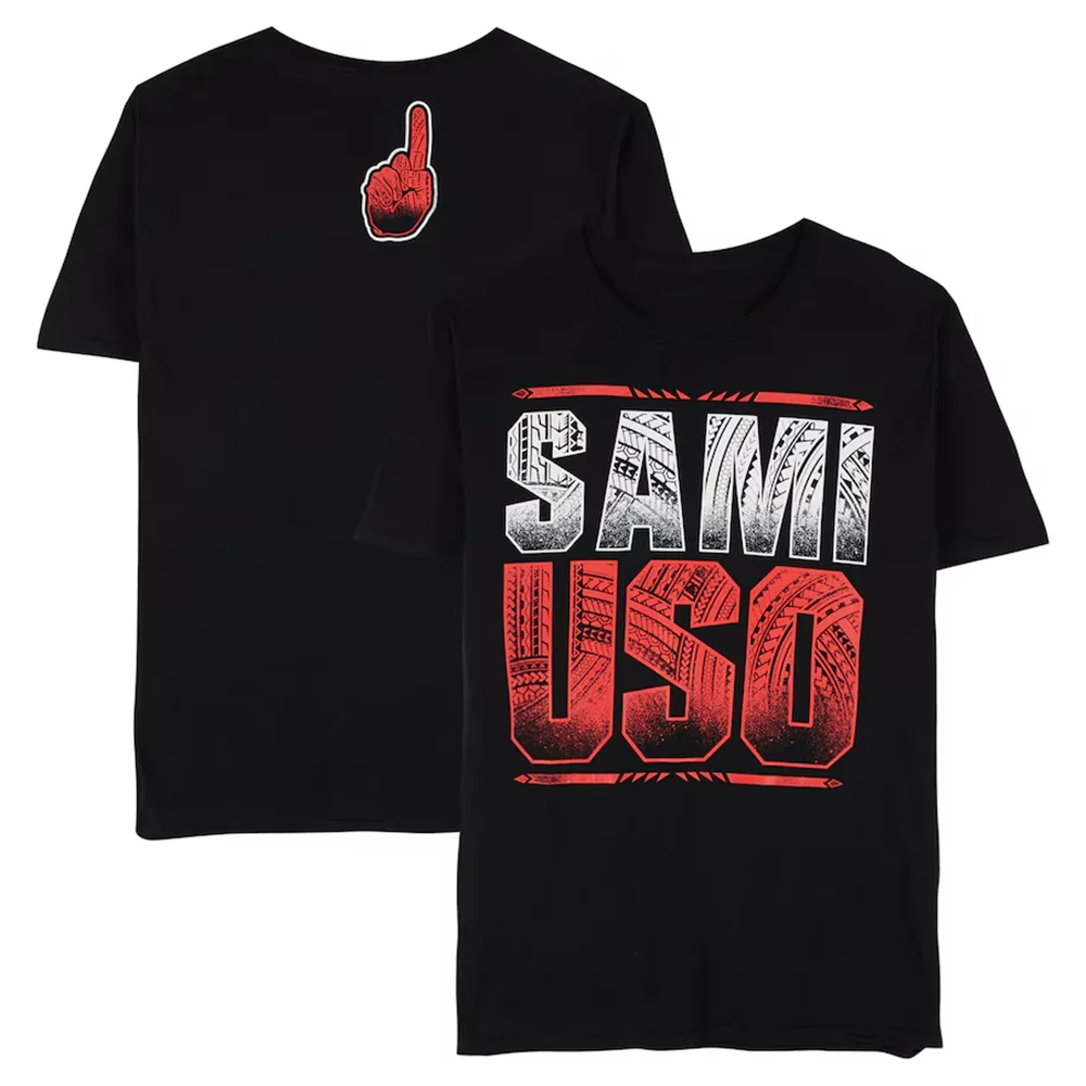 "2025 Summer Sami Uso Black Tee - 'Red Finger Rebellion' الخط الجريء + حافة ملابس الشارع! تحديد النموذج مع موقف القبلية!"